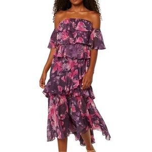 NWT MISA Los Angeles Dalia Purple Floral Off The Shoulder Tiered Dress Medium